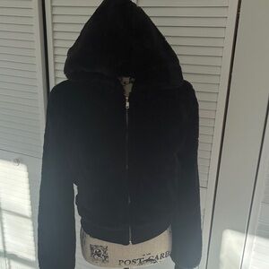 Women's Black Faux Fur Hooded Jacket Teens Junior Size: Large